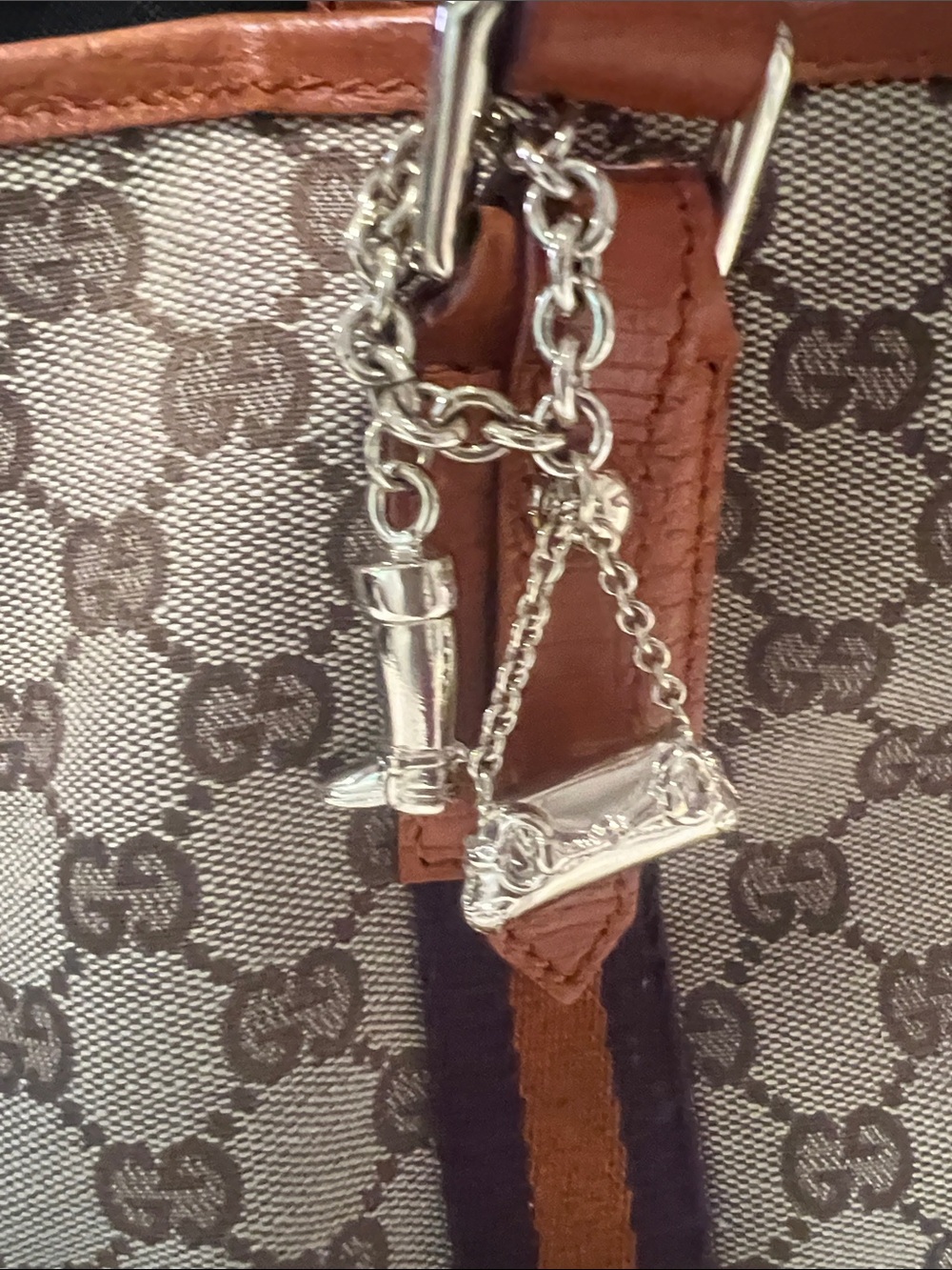 Gucci Beige GG Canvas Tote with Orange Leather Handles and Purple/Orange Stripes - Picture 8 of 11
